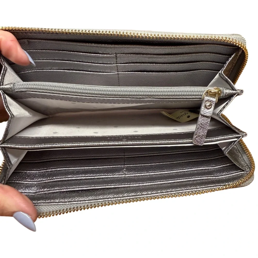KATE SPADE NY Star Bright Owl Silver Metallic Zip Around Continental Wallet